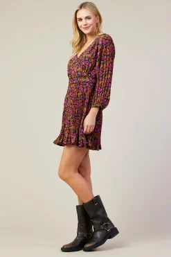 SKIES ARE BLUE Mini Dresses*Daray Floral Print Mini Dress Black-magenta