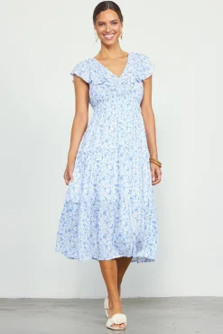 SKIES ARE BLUE Midi Dresses*Darcy Floral Print Midi Dress Blue