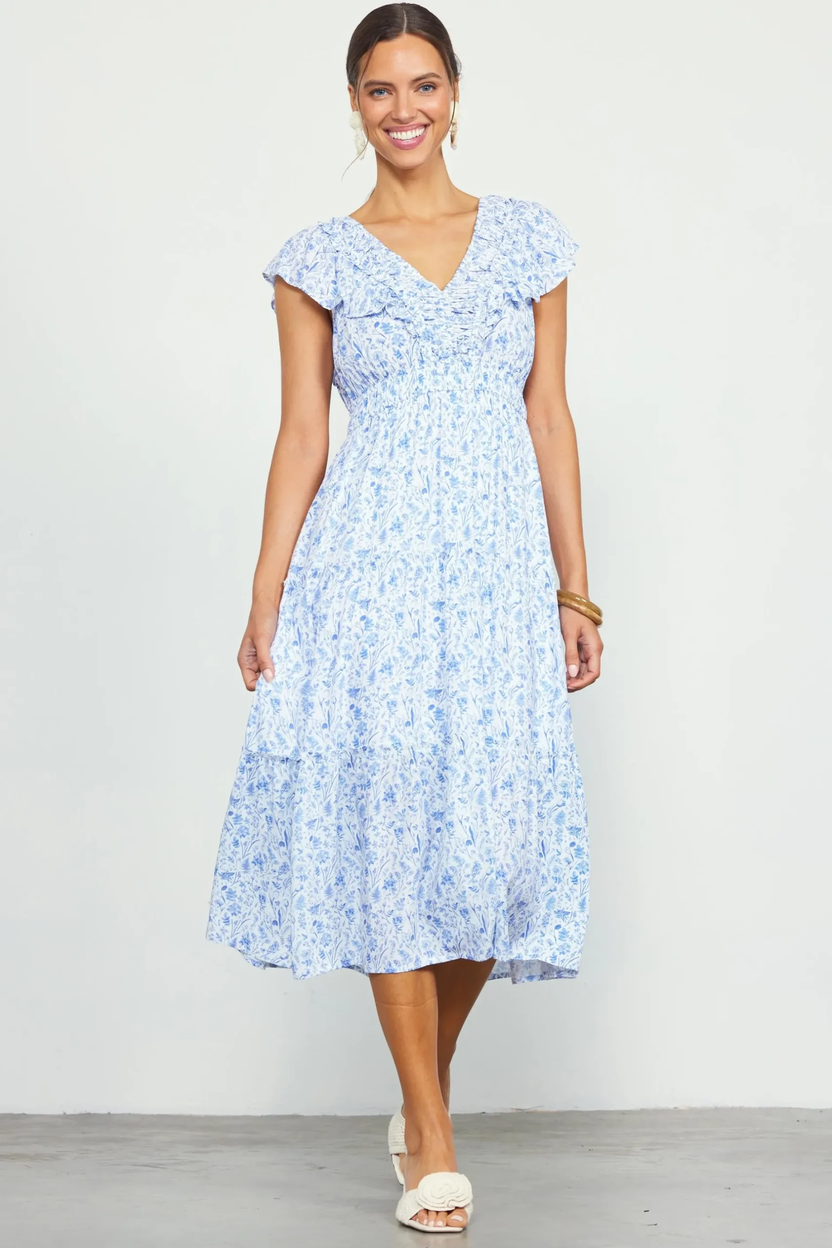 SKIES ARE BLUE Midi Dresses*Darcy Floral Print Midi Dress Blue