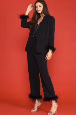SKIES ARE BLUE Blazers*Detachable Feather Cuff Blazer Black