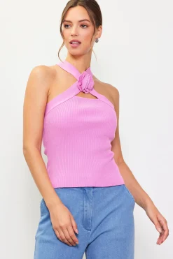 SKIES ARE BLUE Sleeveless Tops*Detachable Rosette Knit Halter Top Roseviolet