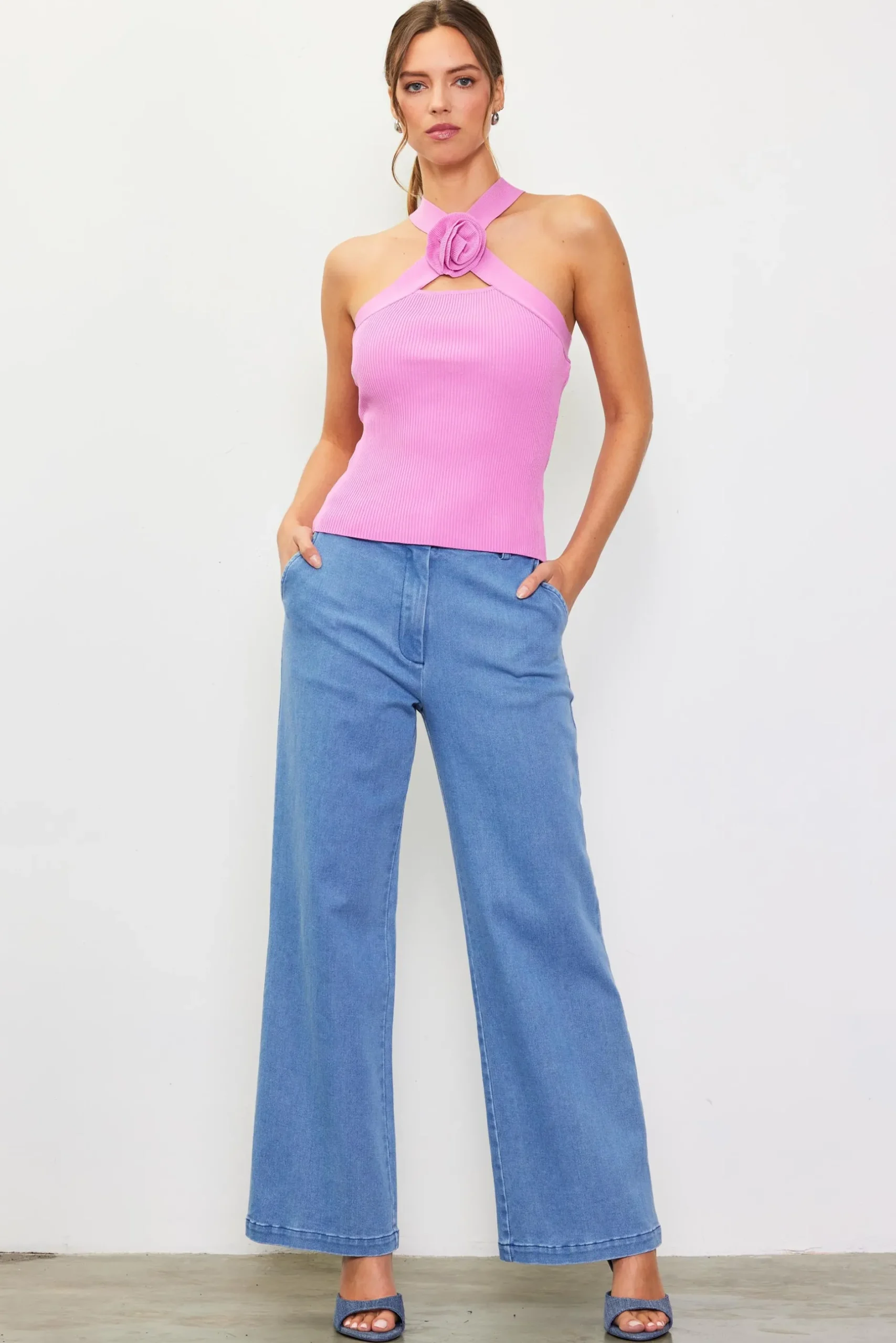 SKIES ARE BLUE Sleeveless Tops*Detachable Rosette Knit Halter Top Roseviolet