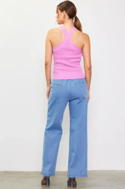 SKIES ARE BLUE Sleeveless Tops*Detachable Rosette Knit Halter Top Roseviolet