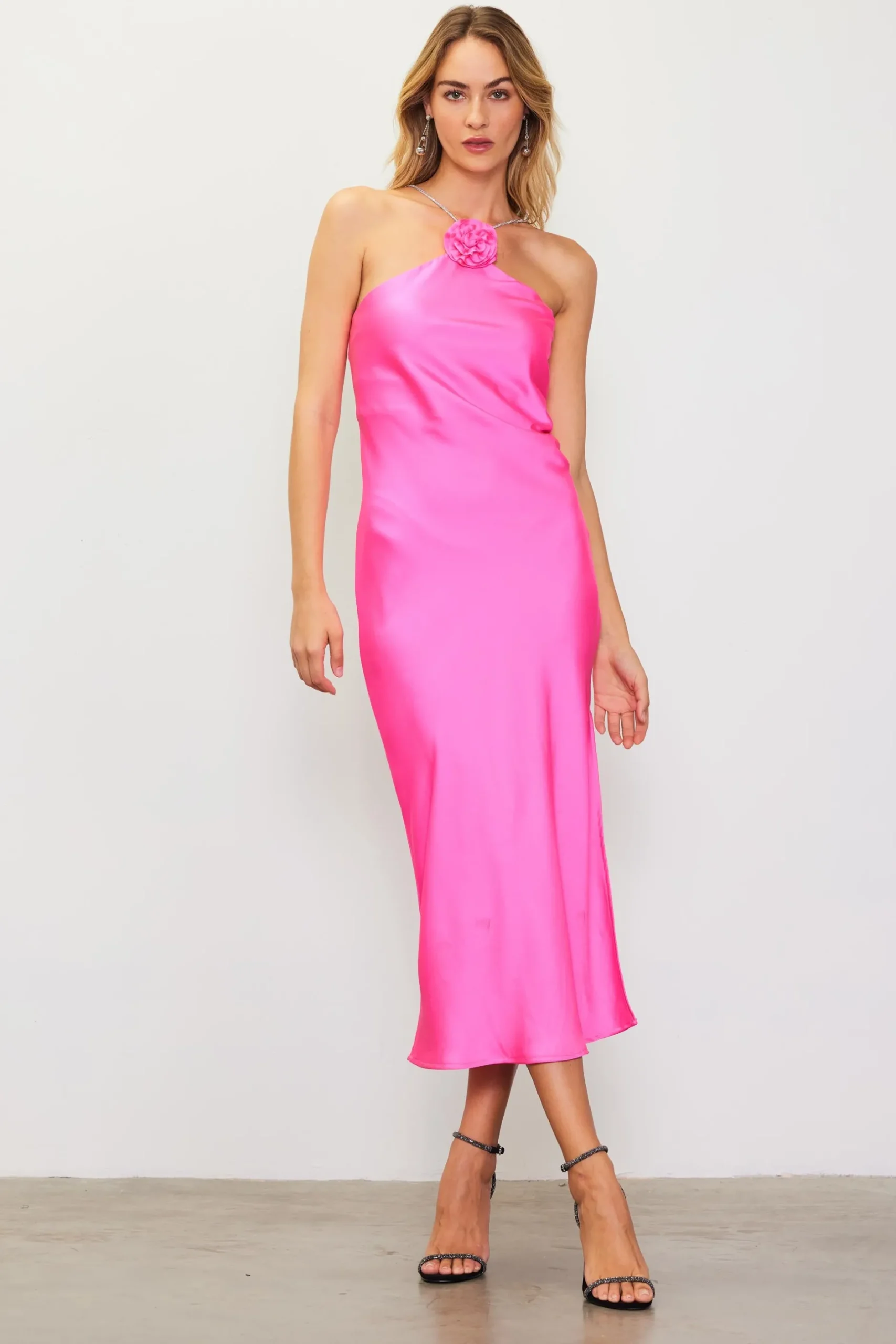 SKIES ARE BLUE Midi Dresses*Detachable Rosette Metallic Strap Midi Dress Pinkbubblegum