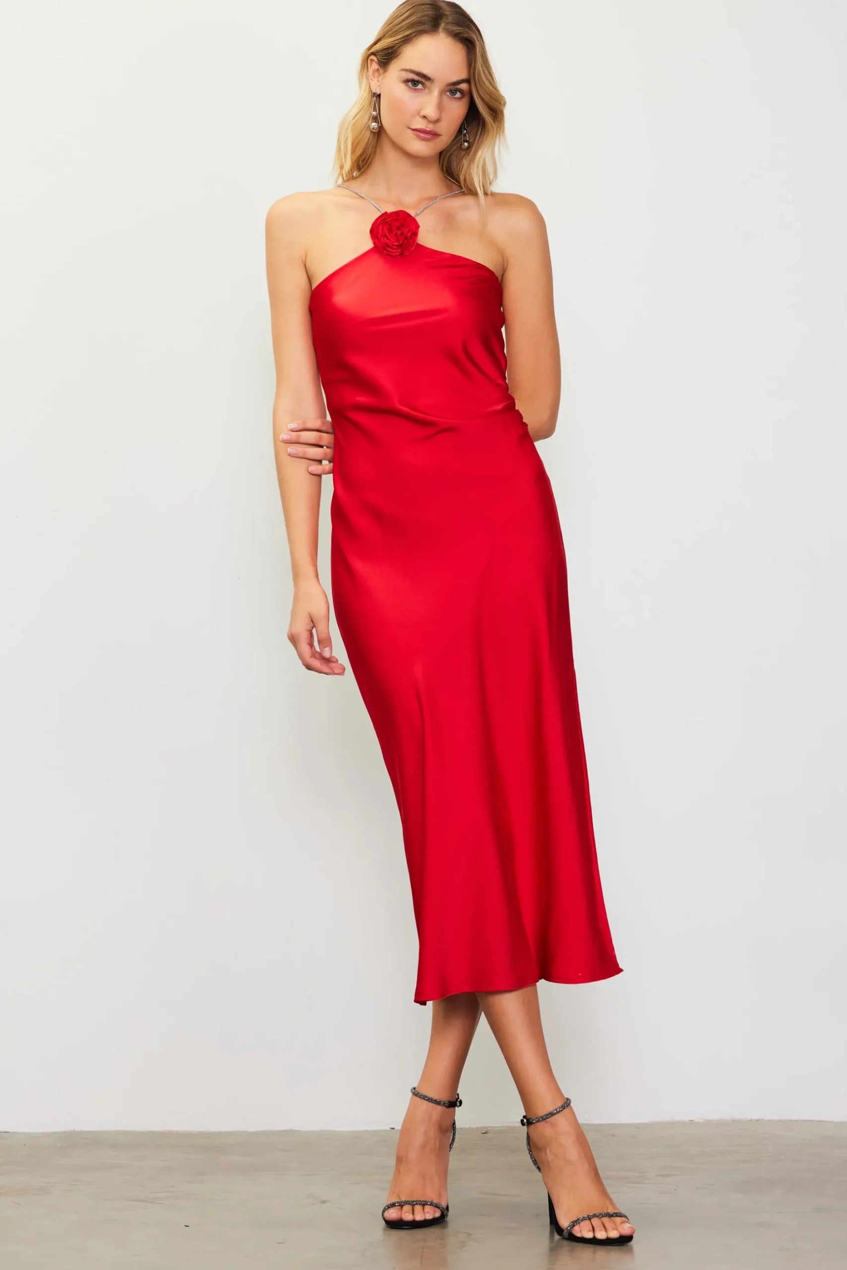 SKIES ARE BLUE Midi Dresses*Detachable Rosette Metallic Strap Midi Dress Radiantred