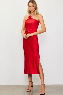 SKIES ARE BLUE Midi Dresses*Detachable Rosette Metallic Strap Midi Dress Radiantred