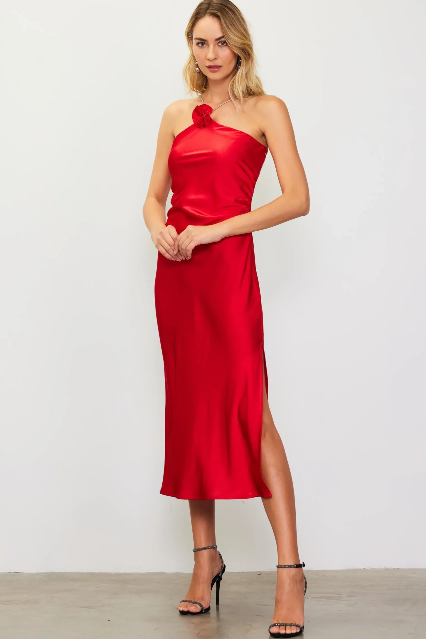 SKIES ARE BLUE Midi Dresses*Detachable Rosette Metallic Strap Midi Dress Radiantred