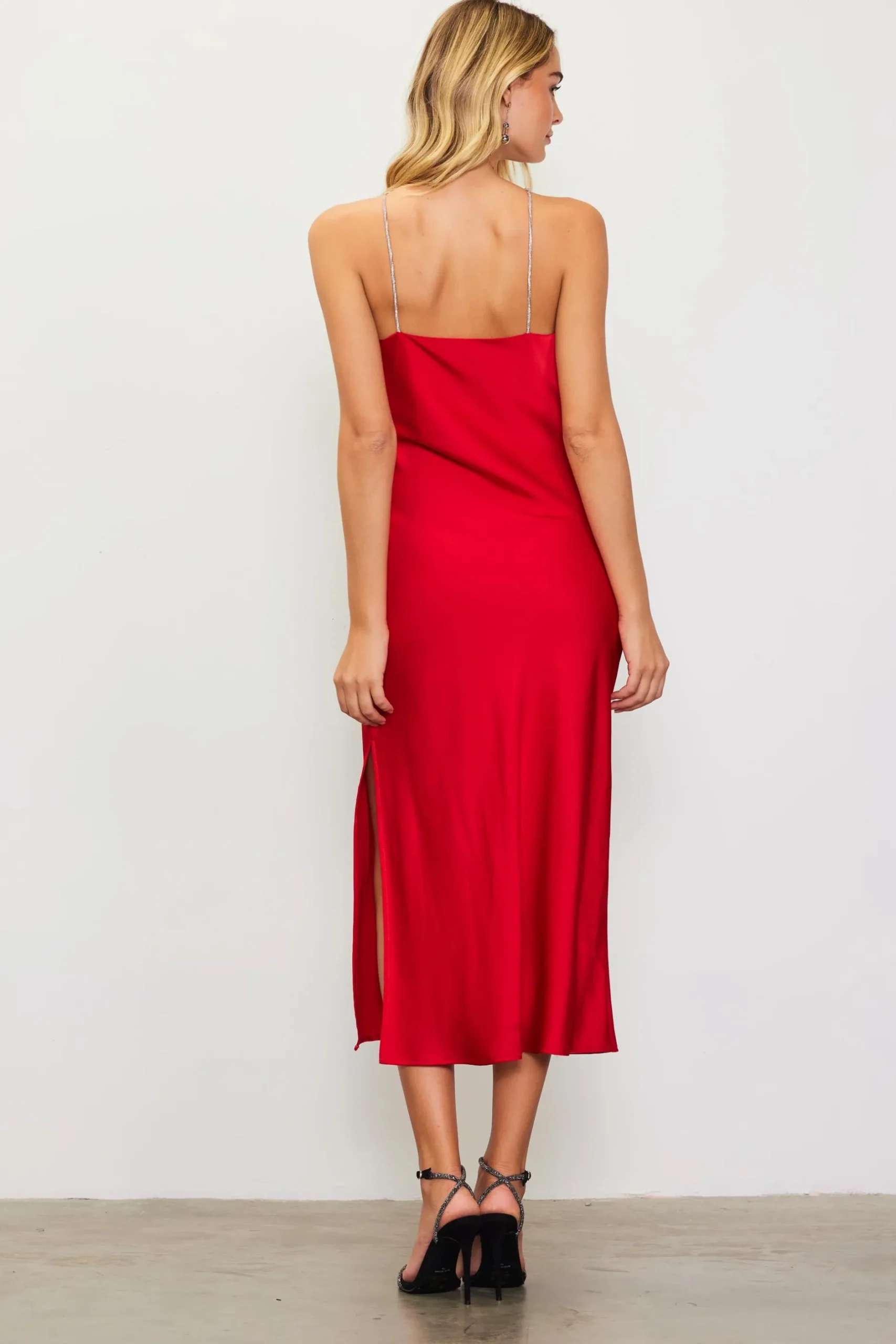 SKIES ARE BLUE Midi Dresses*Detachable Rosette Metallic Strap Midi Dress Radiantred