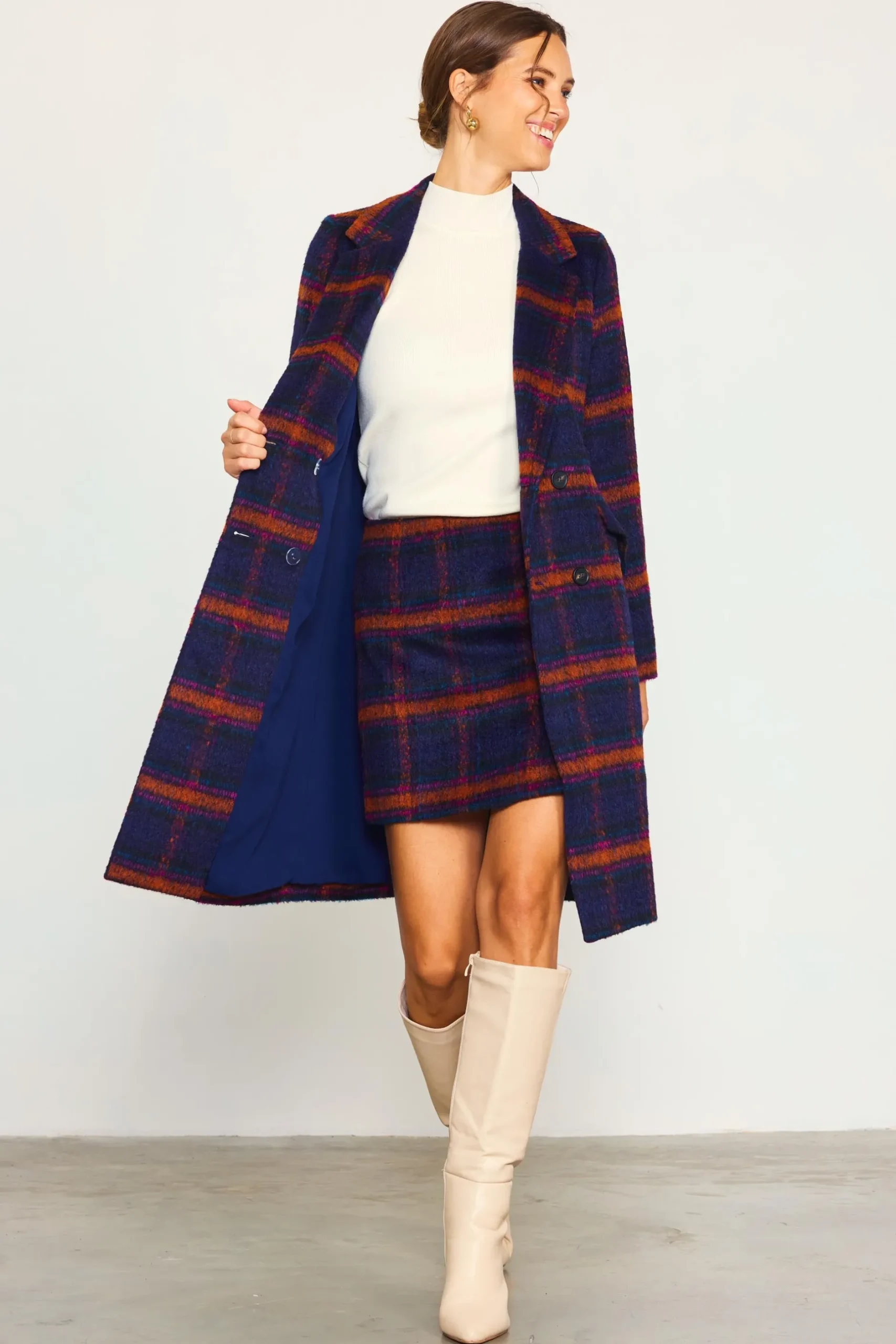 SKIES ARE BLUE Outerwear|Blazers*Double Breasted Plaid Coat Navy-teal