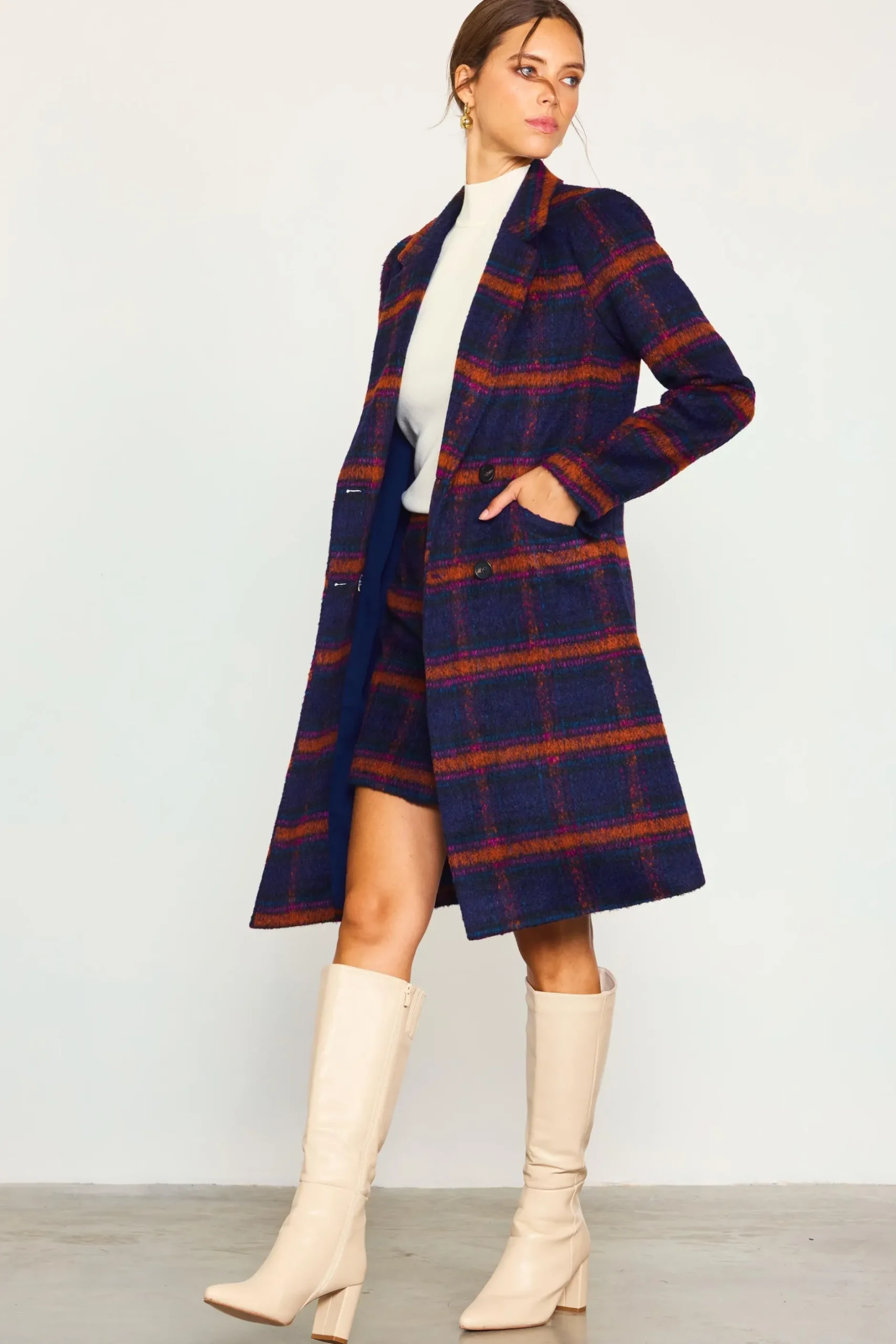 SKIES ARE BLUE Outerwear|Blazers*Double Breasted Plaid Coat Navy-teal
