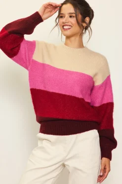 SKIES ARE BLUE Sweaters*Drop Shoulder Color Block Sweater Cream-berrypink