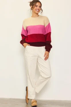 SKIES ARE BLUE Sweaters*Drop Shoulder Color Block Sweater Cream-berrypink