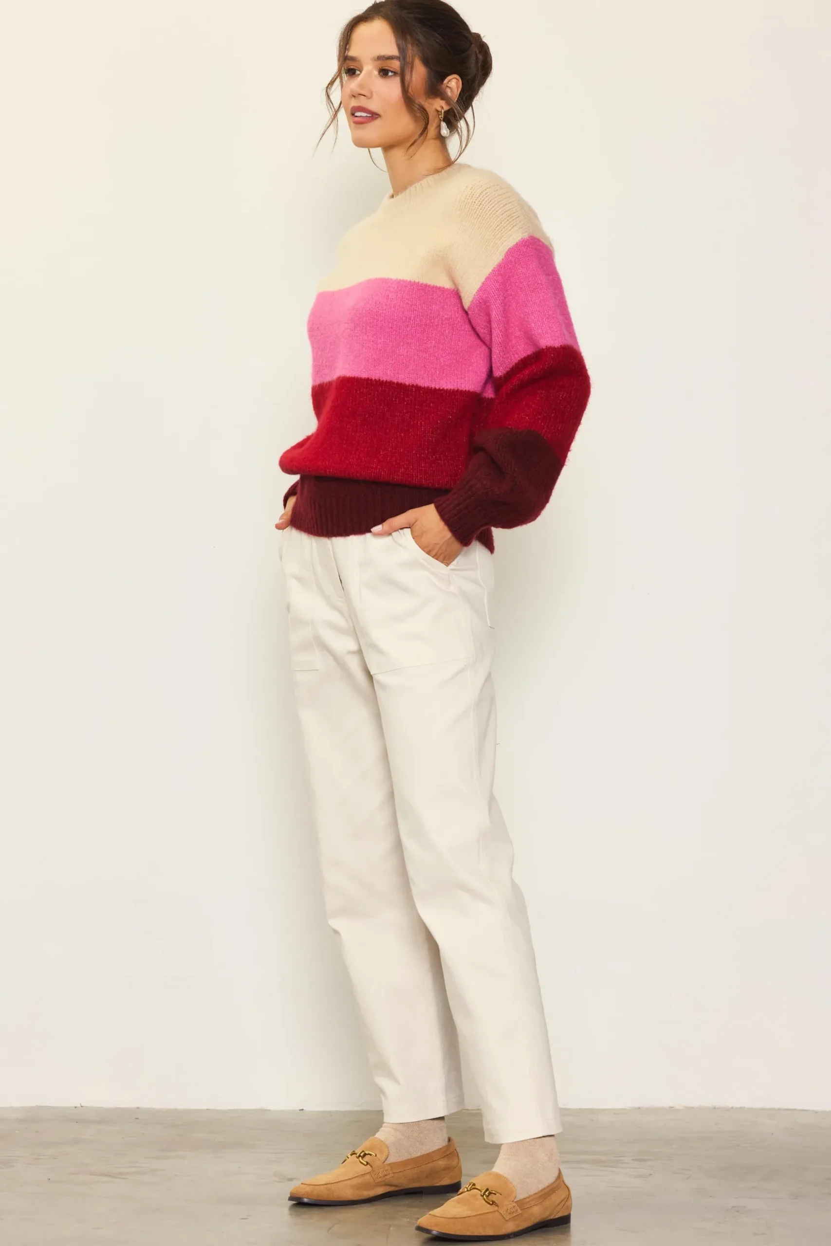 SKIES ARE BLUE Sweaters*Drop Shoulder Color Block Sweater Cream-berrypink