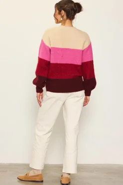 SKIES ARE BLUE Sweaters*Drop Shoulder Color Block Sweater Cream-berrypink