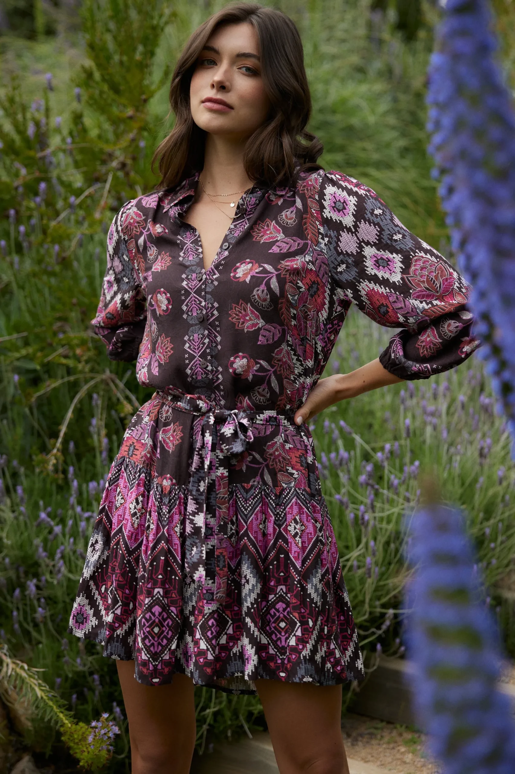 SKIES ARE BLUE Mini Dresses*Edain Border Print Mini Dress Chocolate-pink