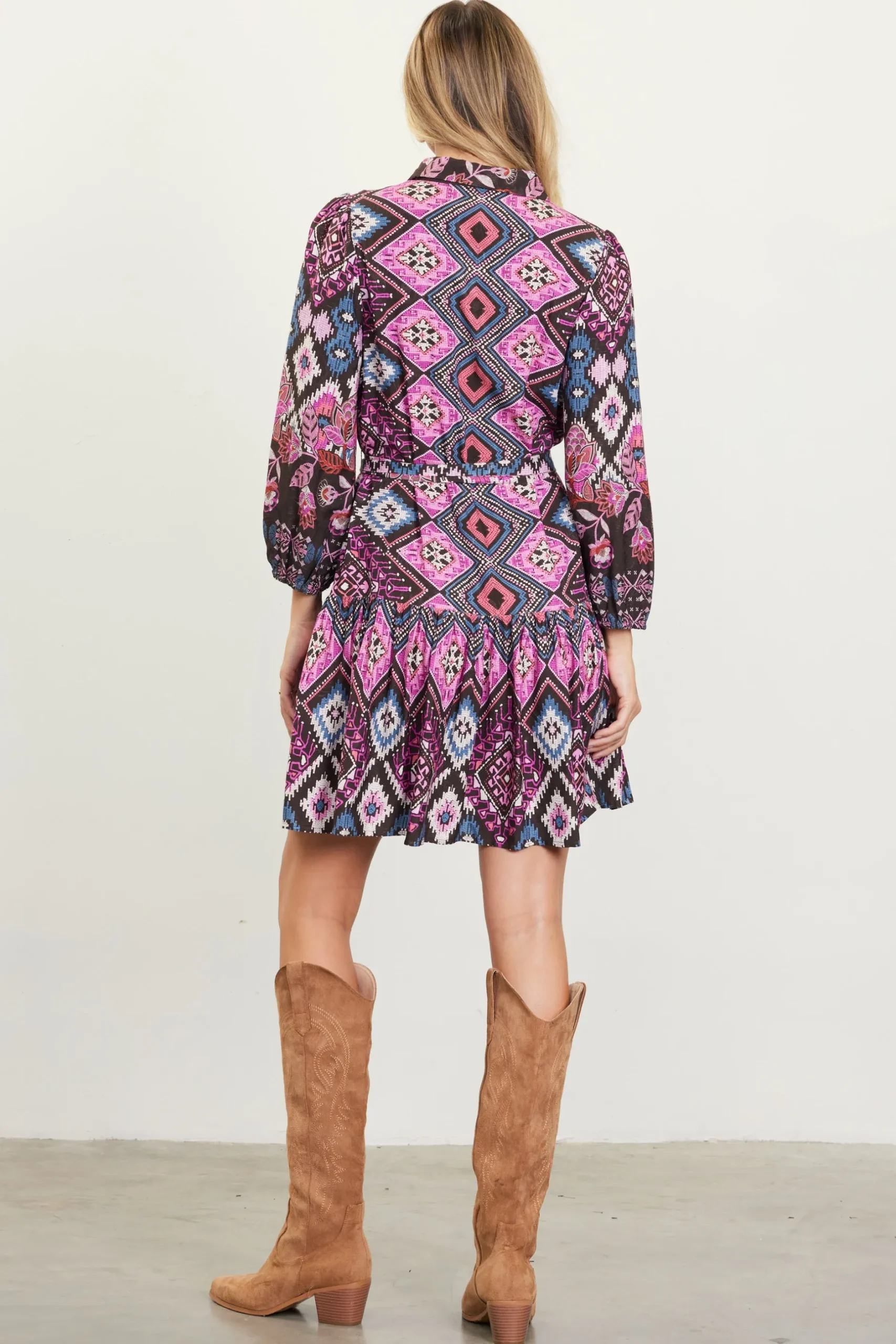 SKIES ARE BLUE Mini Dresses*Edain Border Print Mini Dress Chocolate-pink