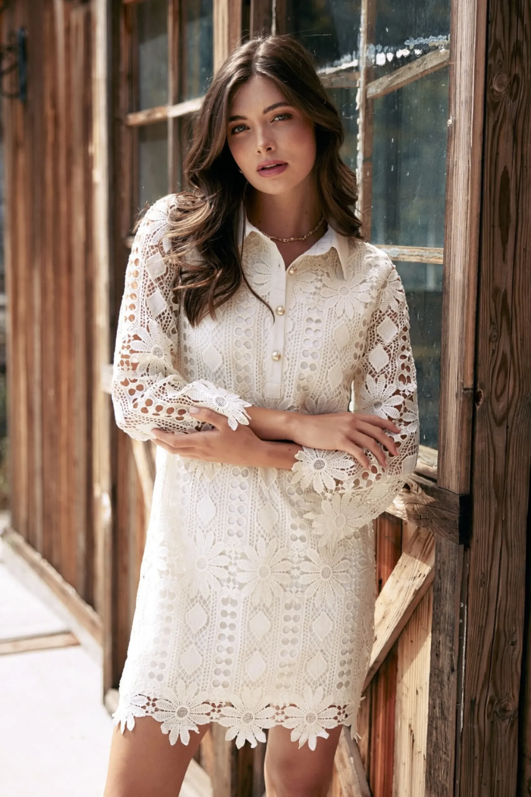 SKIES ARE BLUE Mini Dresses*Embroidered Eyelet Lace Mini Dress Cream