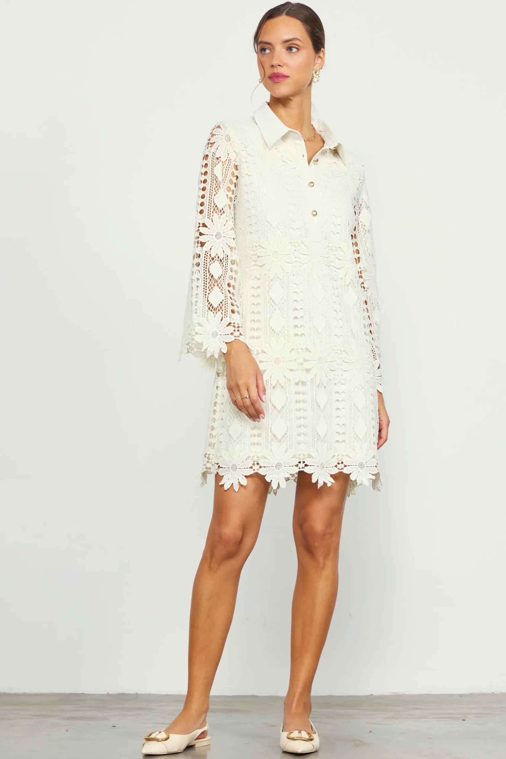 SKIES ARE BLUE Mini Dresses*Embroidered Eyelet Lace Mini Dress Cream