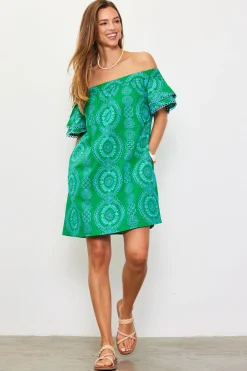 SKIES ARE BLUE Mini Dresses*Embroidered Eyelet Off Shoulder Dress Green-blue