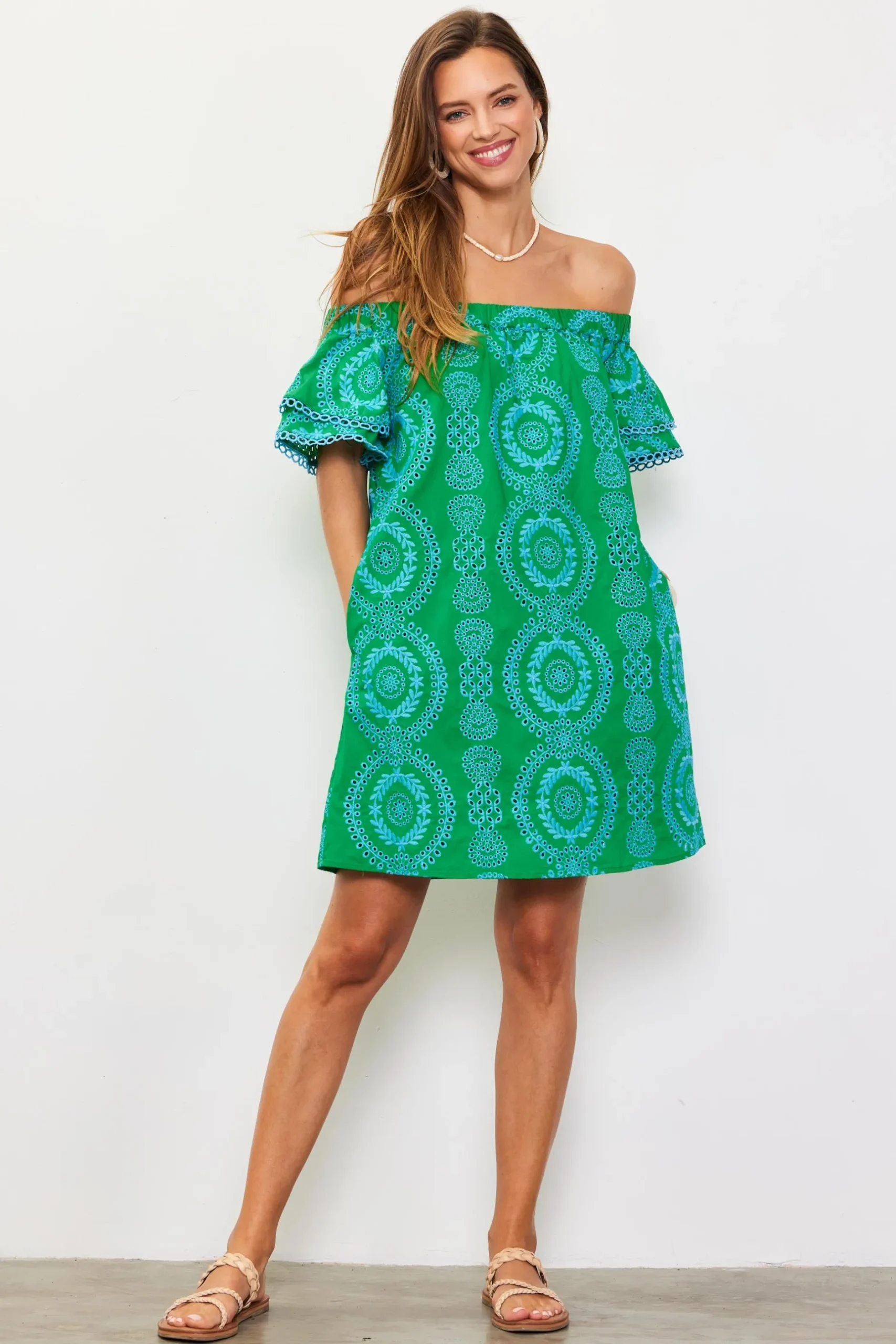 SKIES ARE BLUE Mini Dresses*Embroidered Eyelet Off Shoulder Dress Green-blue