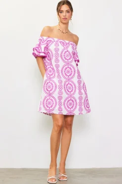 SKIES ARE BLUE Mini Dresses*Embroidered Eyelet Off Shoulder Dress White-roseviolet