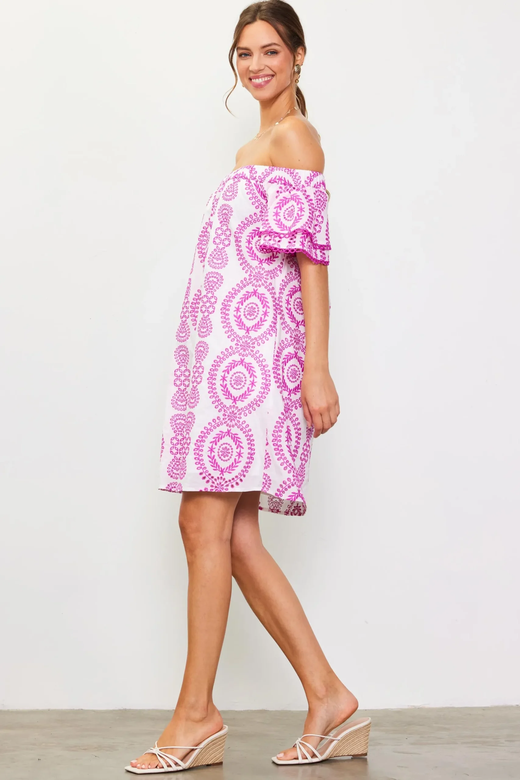 SKIES ARE BLUE Mini Dresses*Embroidered Eyelet Off Shoulder Dress White-roseviolet