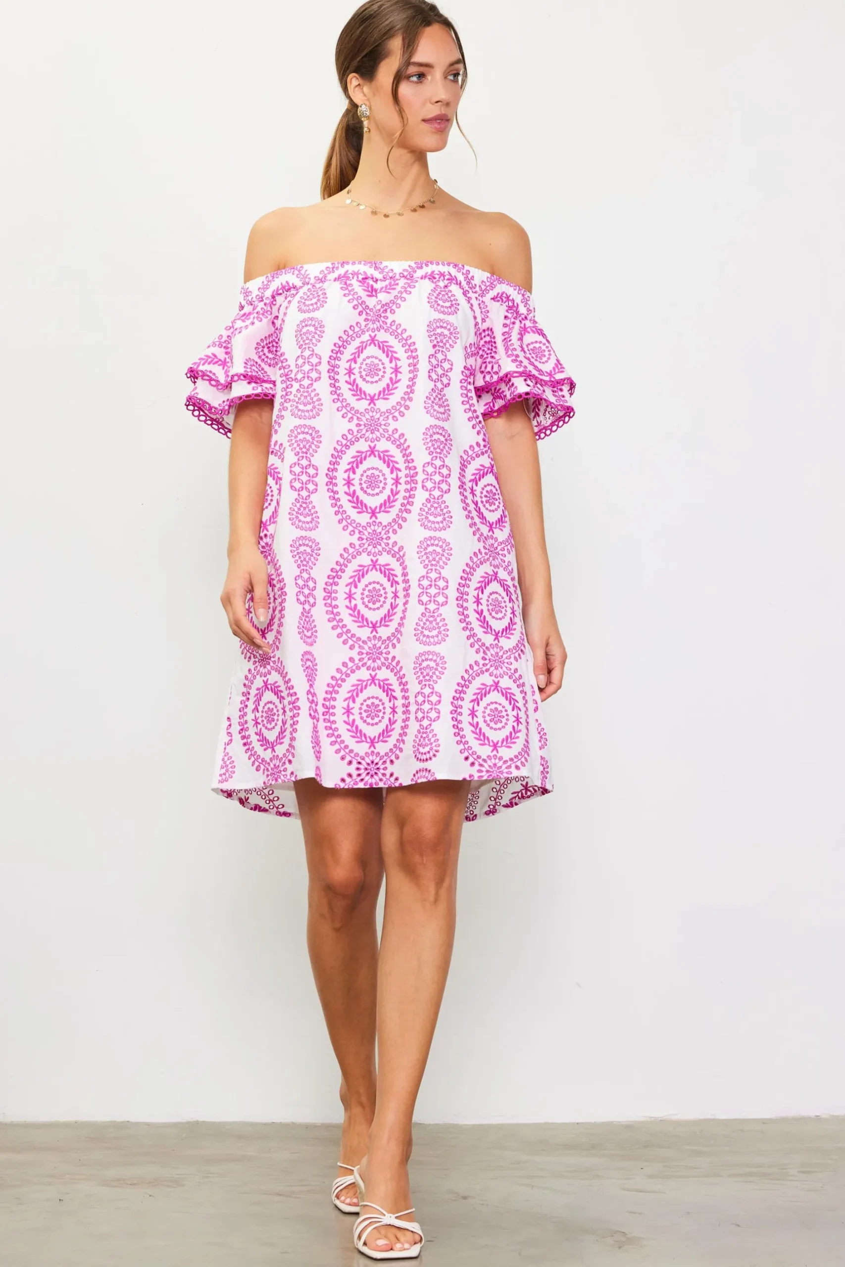 SKIES ARE BLUE Mini Dresses*Embroidered Eyelet Off Shoulder Dress White-roseviolet