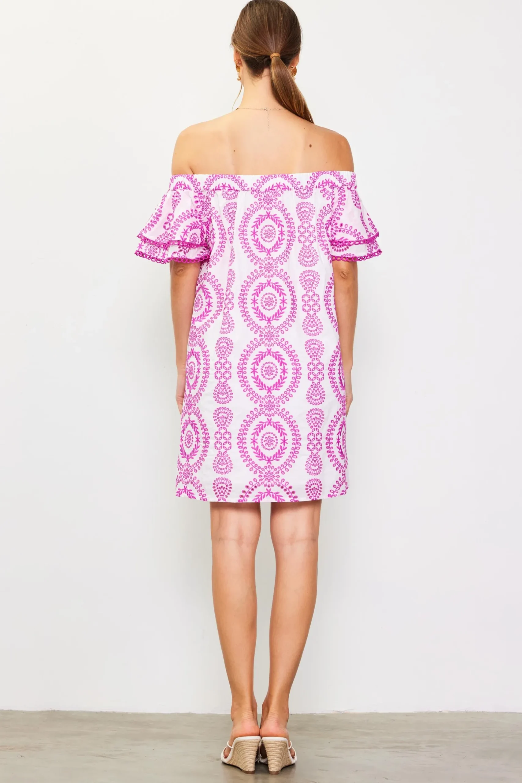 SKIES ARE BLUE Mini Dresses*Embroidered Eyelet Off Shoulder Dress White-roseviolet