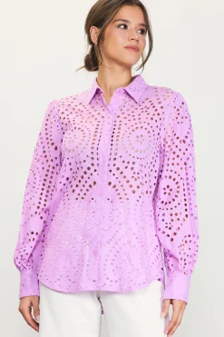 SKIES ARE BLUE Blouses|Long Sleeve Tops*Eyelet Buttondown Shirt Pinklavender