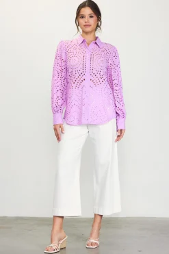 SKIES ARE BLUE Blouses|Long Sleeve Tops*Eyelet Buttondown Shirt Pinklavender
