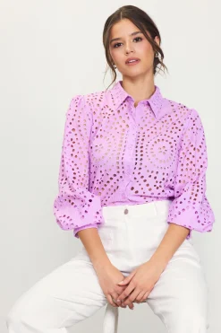 SKIES ARE BLUE Blouses|Long Sleeve Tops*Eyelet Buttondown Shirt Pinklavender