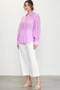 SKIES ARE BLUE Blouses|Long Sleeve Tops*Eyelet Buttondown Shirt Pinklavender