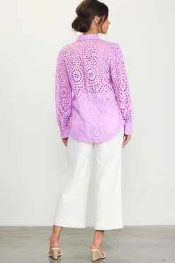 SKIES ARE BLUE Blouses|Long Sleeve Tops*Eyelet Buttondown Shirt Pinklavender
