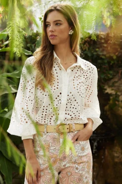 SKIES ARE BLUE Blouses|Long Sleeve Tops*Eyelet Buttondown Shirt White