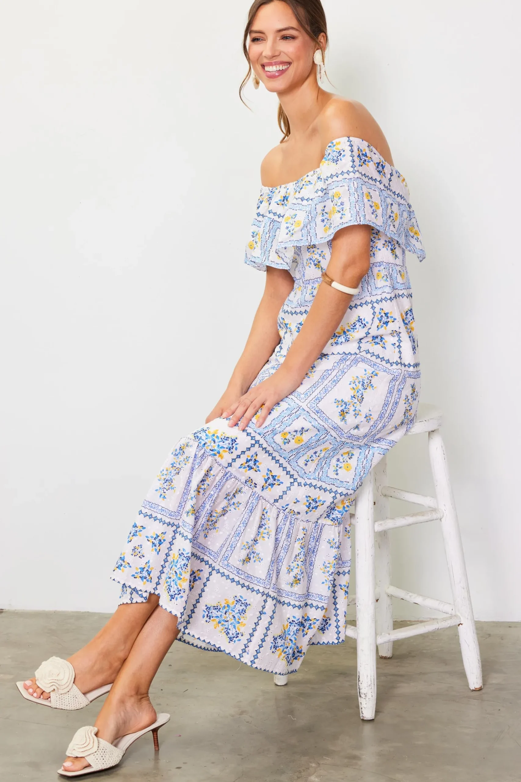 SKIES ARE BLUE Maxi Dresses*Eyelet Embroidered Print Maxi Dress White-blue