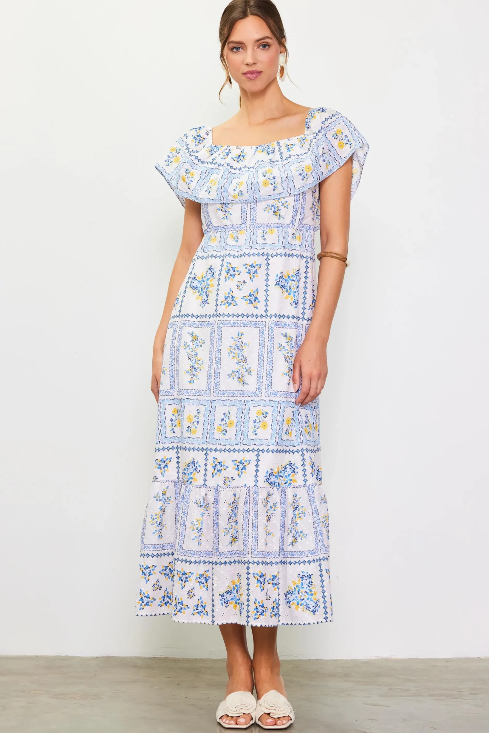 SKIES ARE BLUE Maxi Dresses*Eyelet Embroidered Print Maxi Dress White-blue