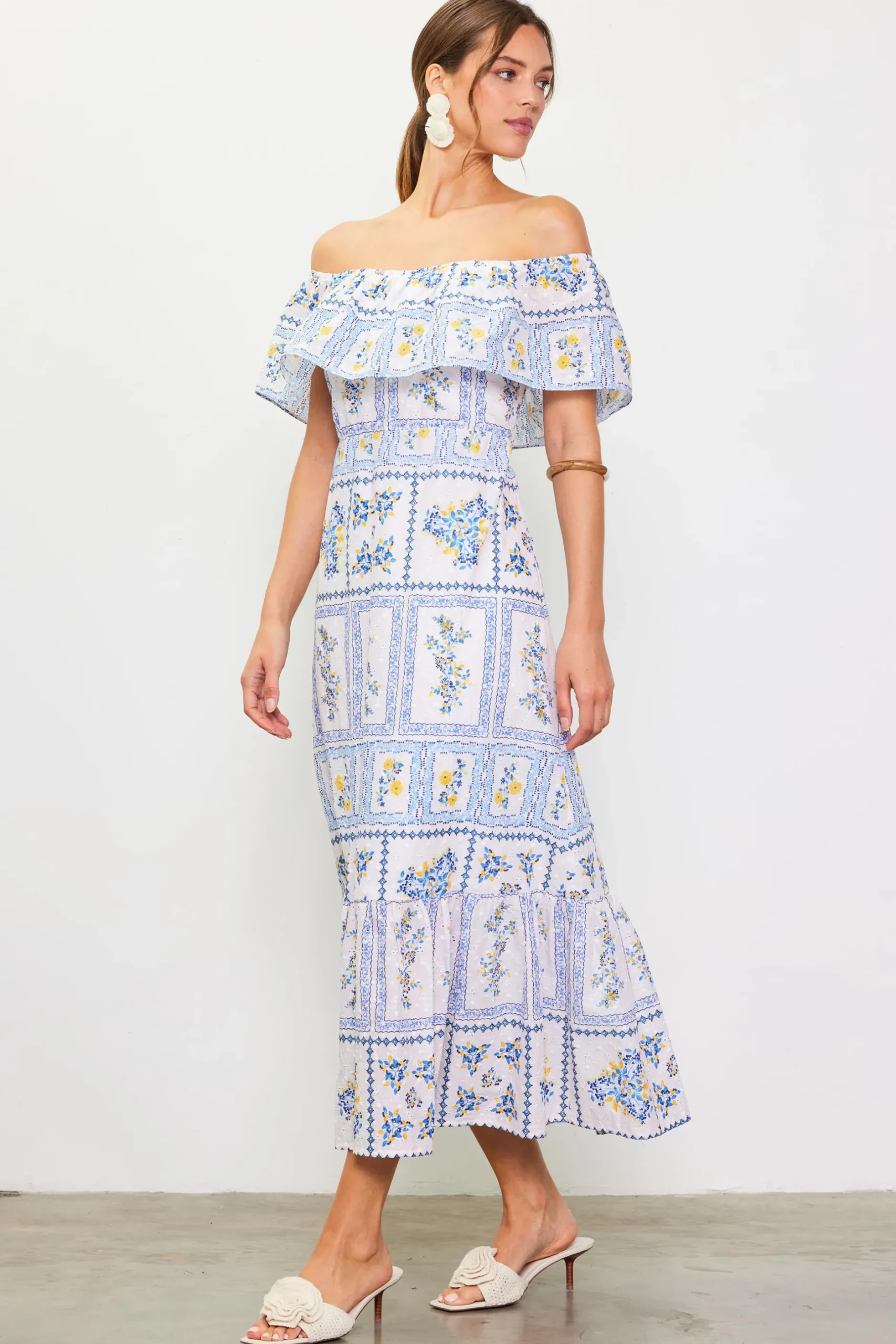 SKIES ARE BLUE Maxi Dresses*Eyelet Embroidered Print Maxi Dress White-blue