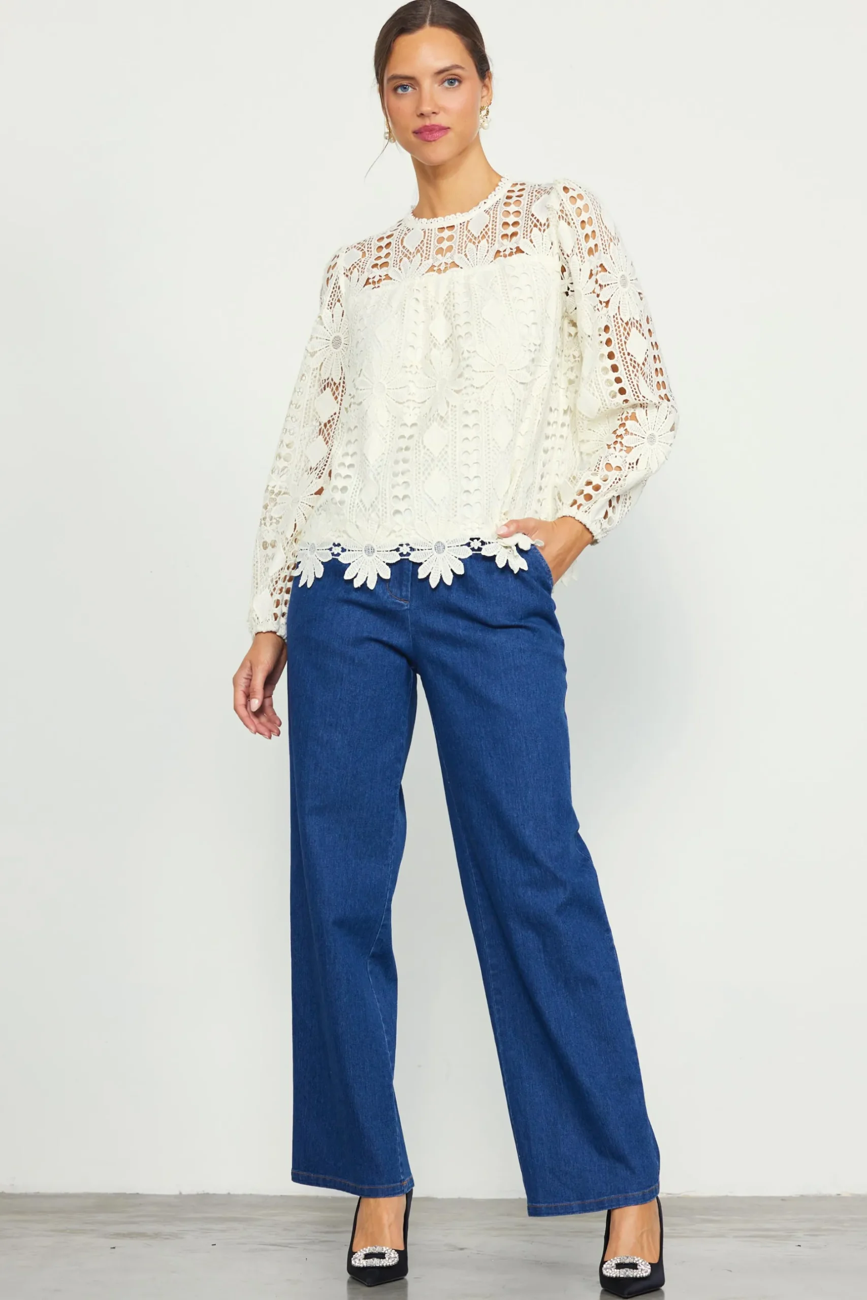 SKIES ARE BLUE Blouses|Long Sleeve Tops*Eyelet Lace Longsleeve Blouse Cream