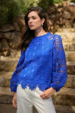 SKIES ARE BLUE Blouses|Long Sleeve Tops*Eyelet Lace Longsleeve Blouse Cobalt
