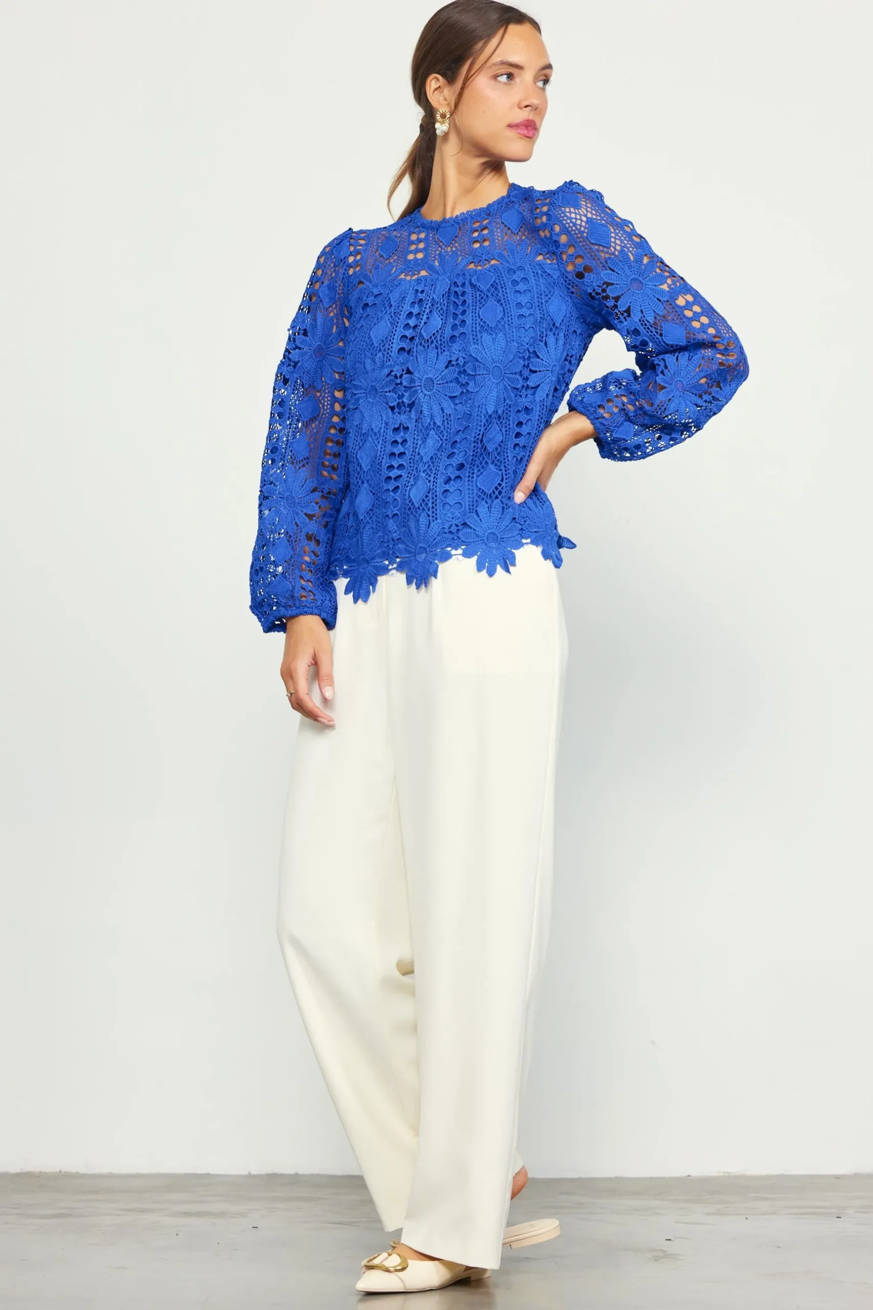 SKIES ARE BLUE Blouses|Long Sleeve Tops*Eyelet Lace Longsleeve Blouse Cobalt