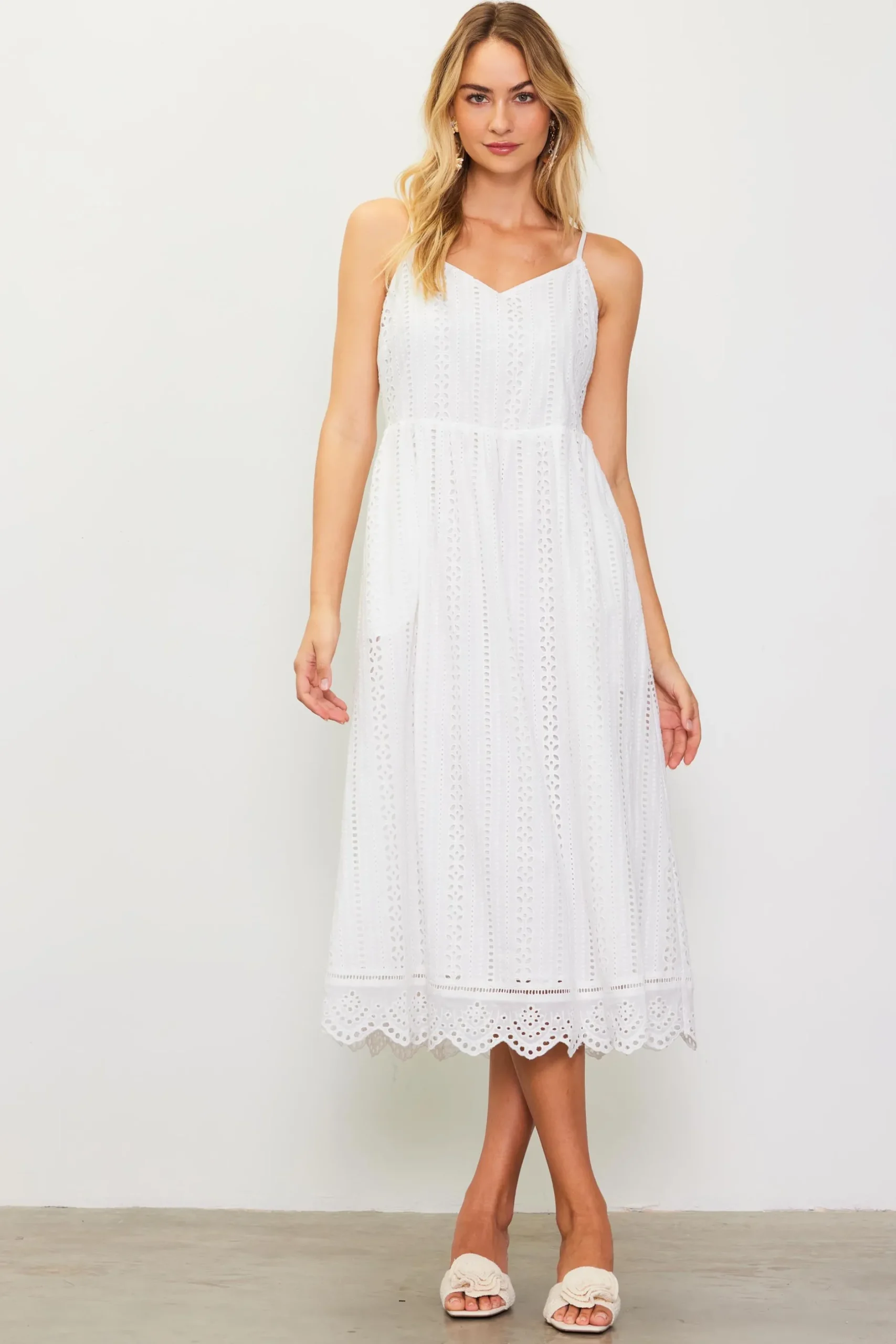 SKIES ARE BLUE Midi Dresses*Eyelet Lace Midi Dress White