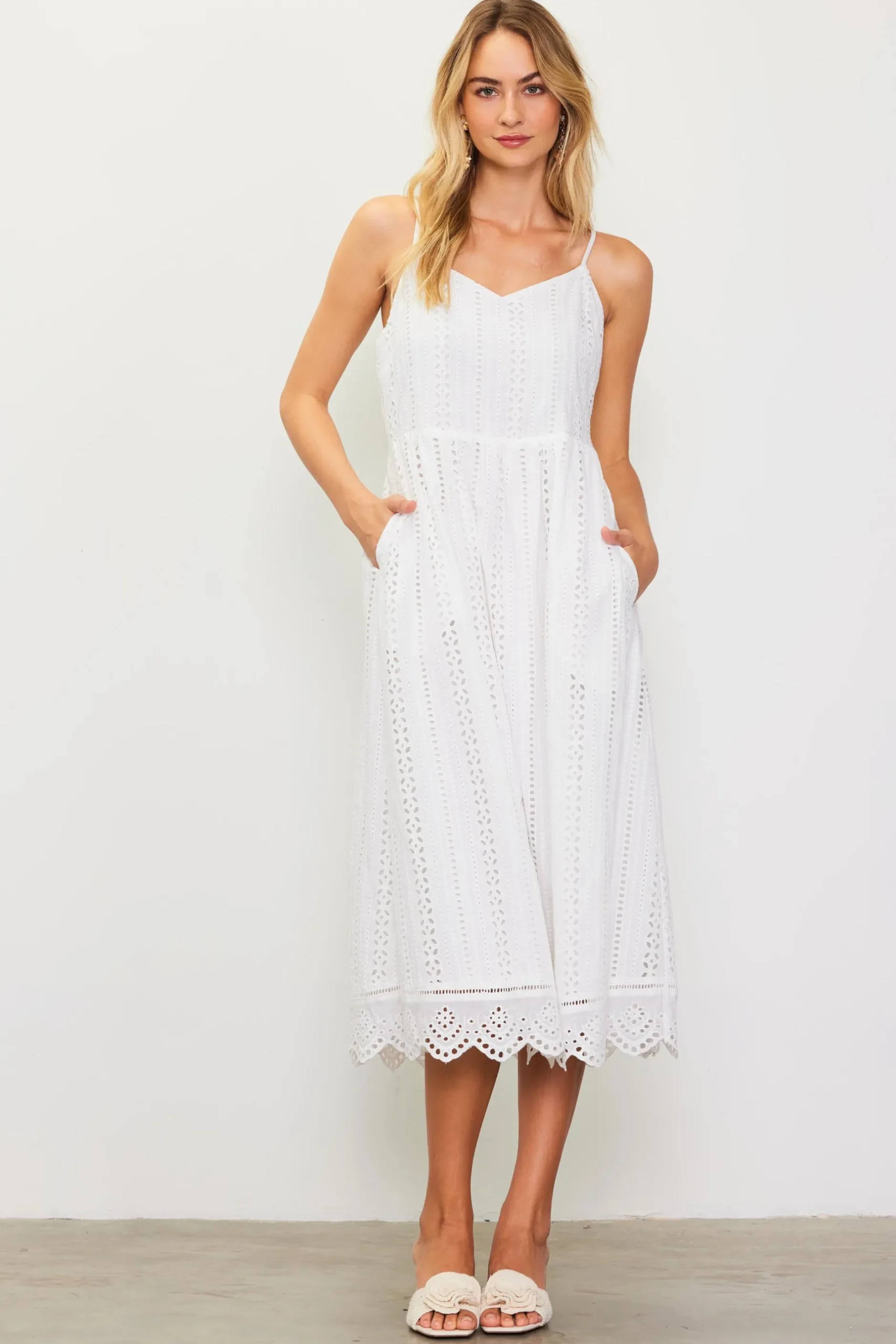 SKIES ARE BLUE Midi Dresses*Eyelet Lace Midi Dress White