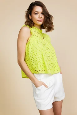 SKIES ARE BLUE Blouses*Eyelet Lace Top Limeyellow