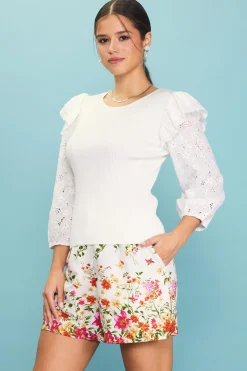 SKIES ARE BLUE Long Sleeve Tops*Eyelet Ruffle Sleeve Knit Top White
