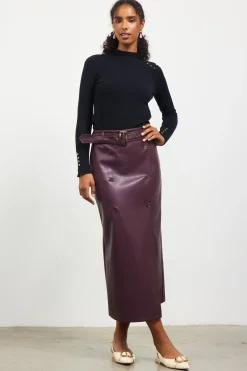 SKIES ARE BLUE Skirts*Faux Leather Belted Midi Skirt Plum
