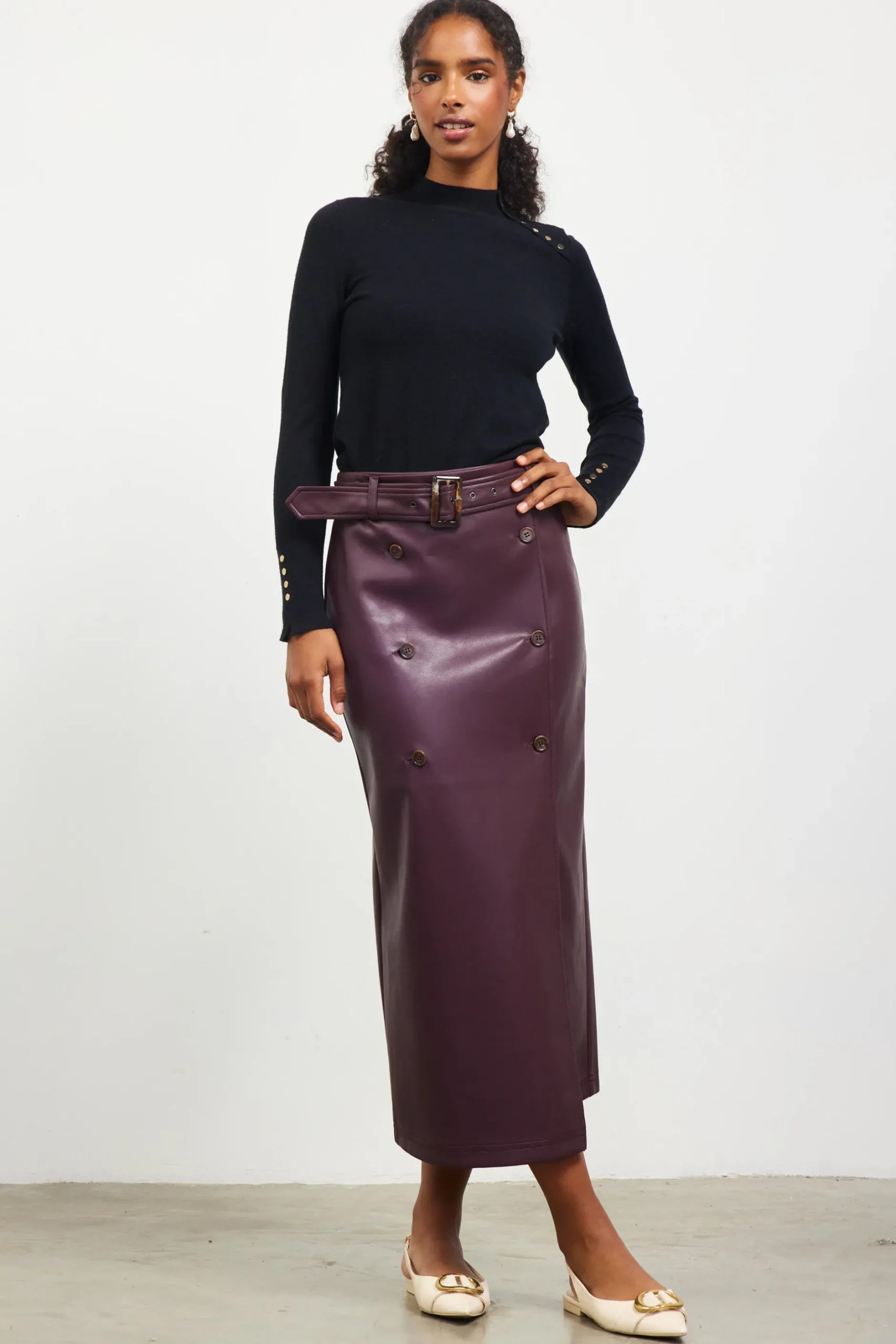 SKIES ARE BLUE Skirts*Faux Leather Belted Midi Skirt Plum