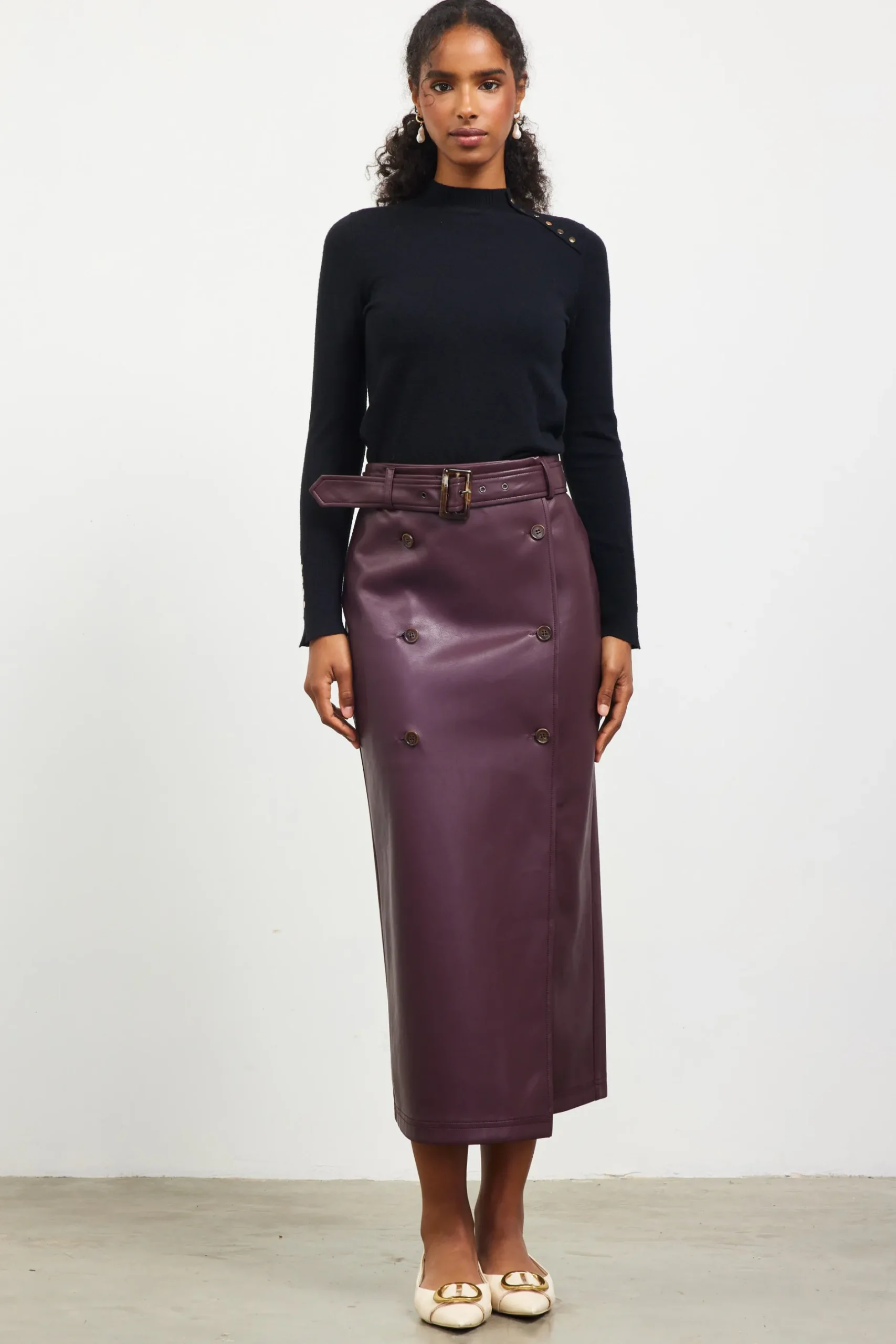 SKIES ARE BLUE Skirts*Faux Leather Belted Midi Skirt Plum
