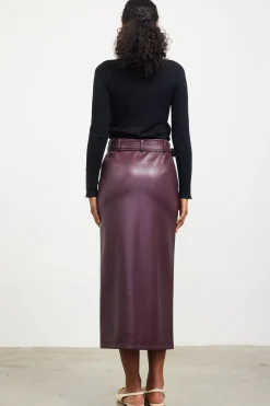 SKIES ARE BLUE Skirts*Faux Leather Belted Midi Skirt Plum