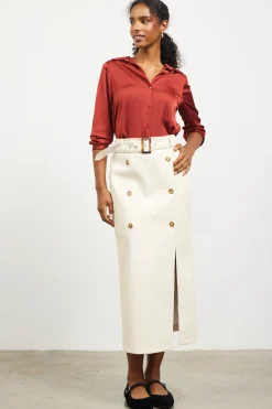 SKIES ARE BLUE Skirts*Faux Leather Belted Midi Skirt Cream