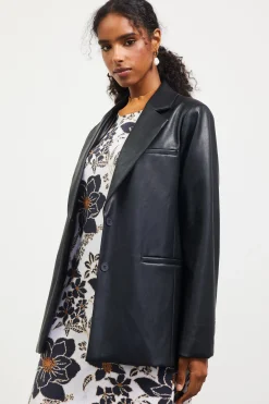 SKIES ARE BLUE Outerwear|Blazers*Faux Leather Tailored Blazer Black